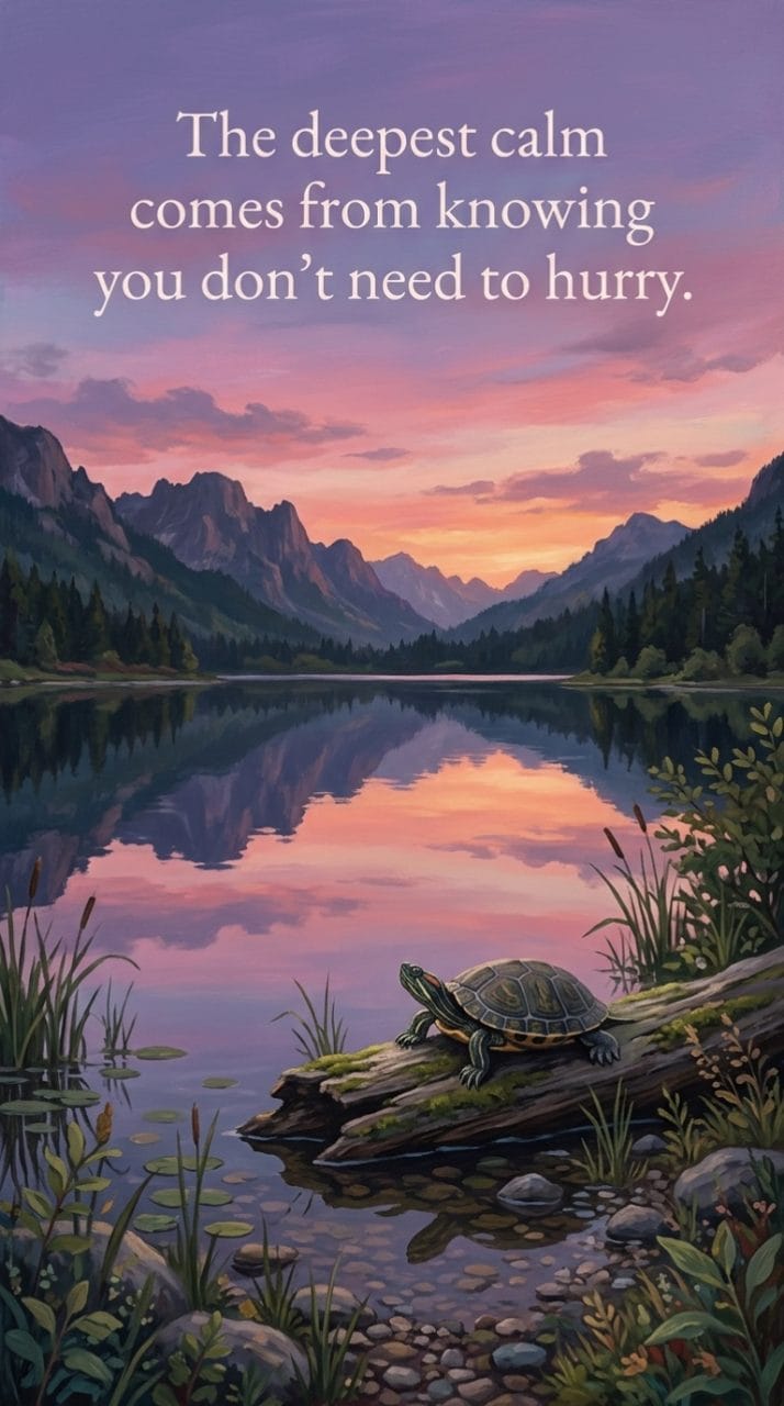 turtle lounging on a quiet lakeshore at dusk with the quote the deepest calm comes from knowing you don't need to hurry