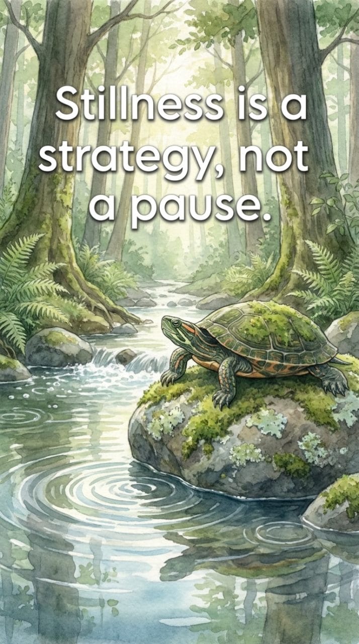 turtle sitting still on a mossy rock by a stream with the quote stillness is a strategy not a pause