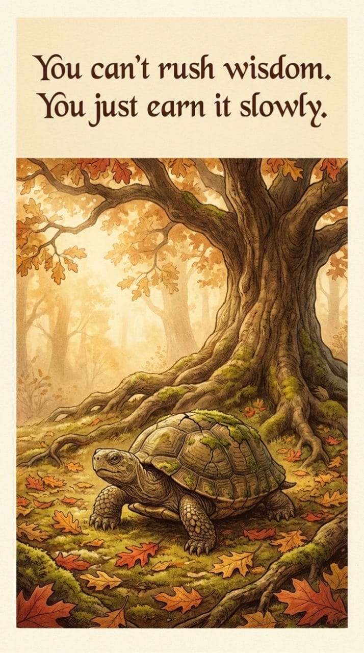 old wise turtle under an oak tree with the quote you can't rush wisdom you just earn it slowly