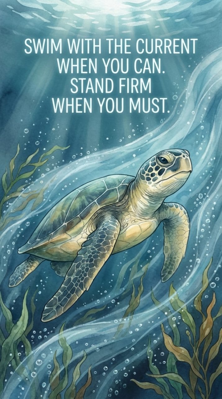 sea turtle in an underwater current with the quote swim with the current when you can stand firm when you must