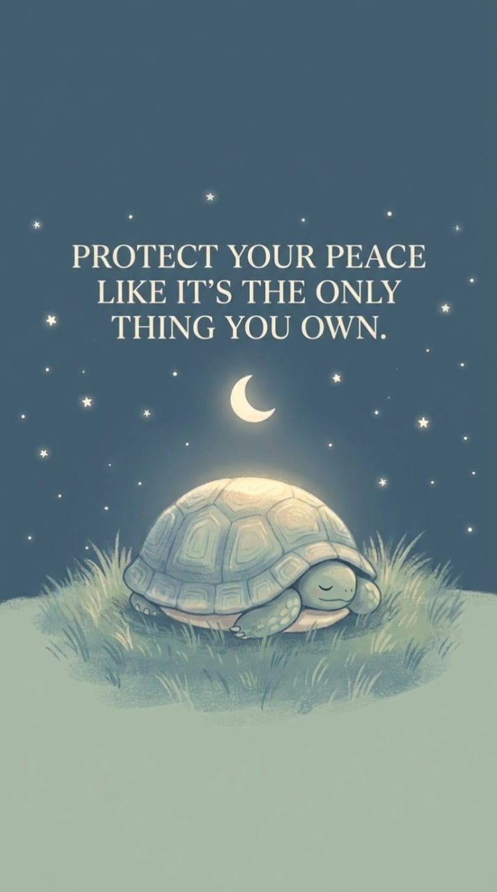 turtle tucked into its shell under a starlit sky with the quote protect your peace like it's the only thing you own