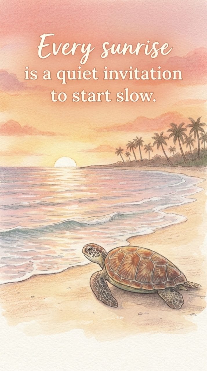 turtle watching sunrise on a beach with the quote every sunrise is a quiet invitation to start slow