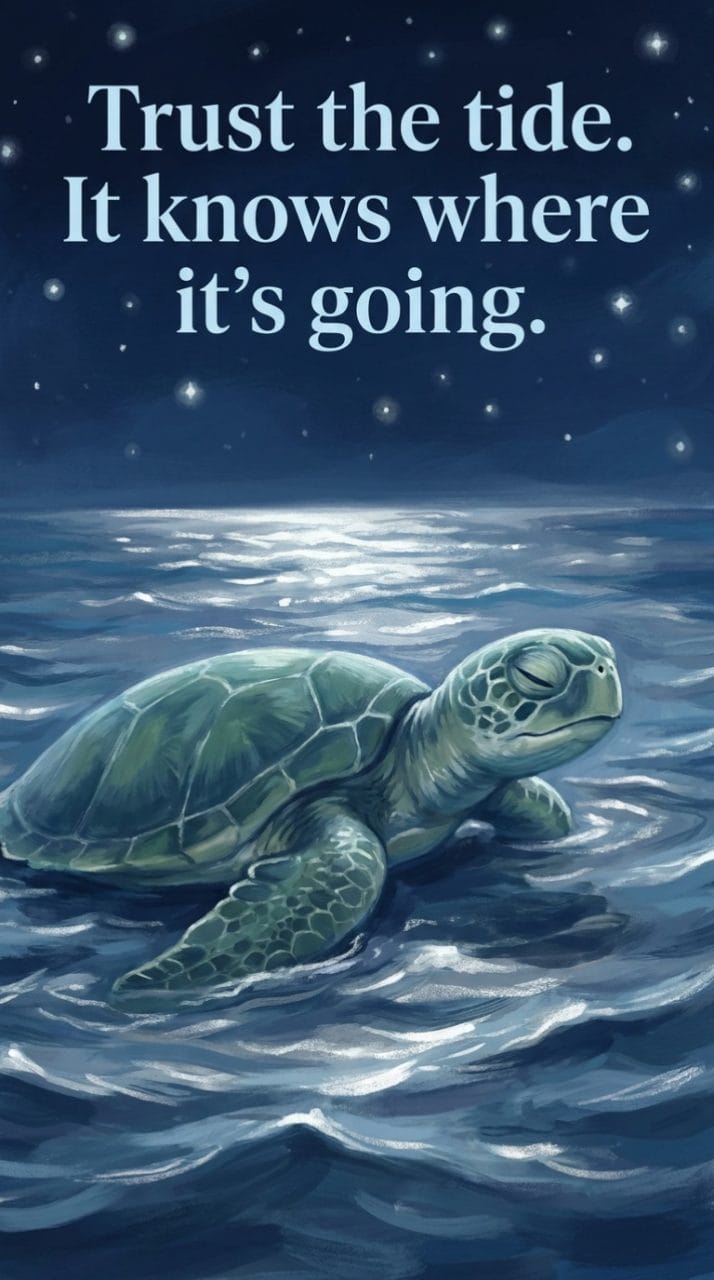 turtle floating on moonlit ocean waves with the quote trust the tide it knows where it's going