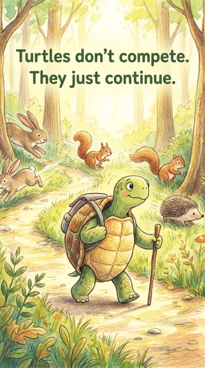 turtle walking a forest path with other animals blurring past and the quote turtles don't compete they just continue