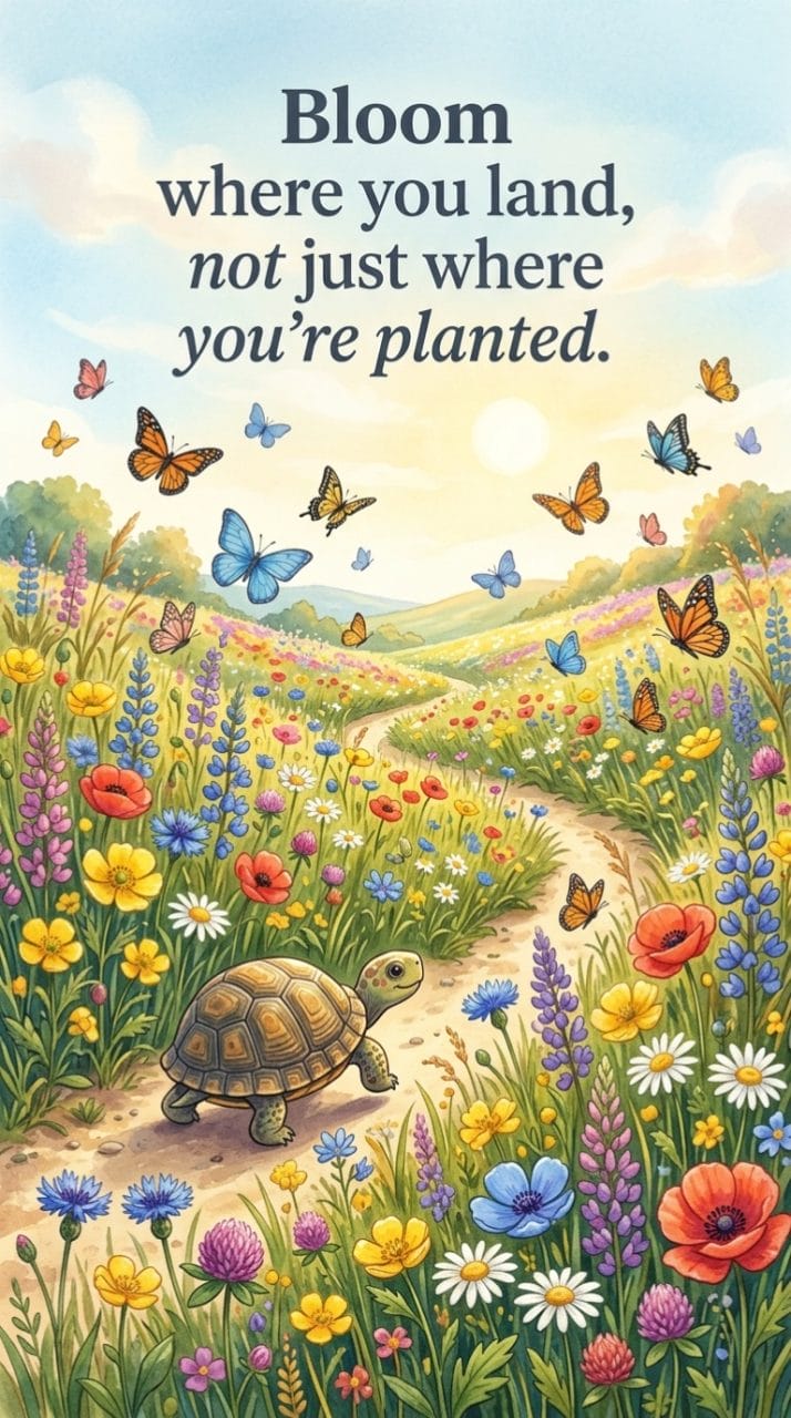 turtle crossing a wildflower meadow with butterflies and the quote bloom where you land not just where you're planted