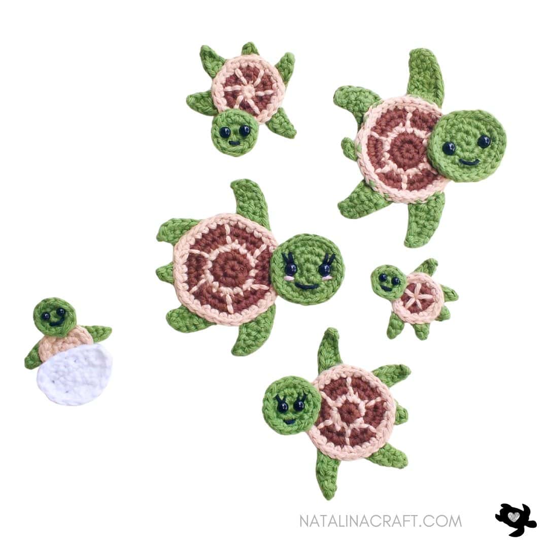 Green crochet sea turtle appliques, an easy no-sew beginner crochet turtle project