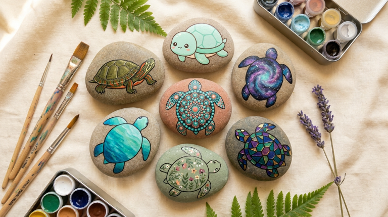 Collection of turtle painted rock ideas arranged on cream linen with paint brushes, fern leaves, and dried lavender