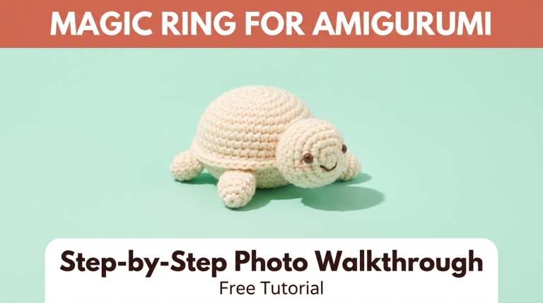 Cream crocheted amigurumi turtle on a pastel mint background with coral banner — magic ring crochet tutorial for beginners