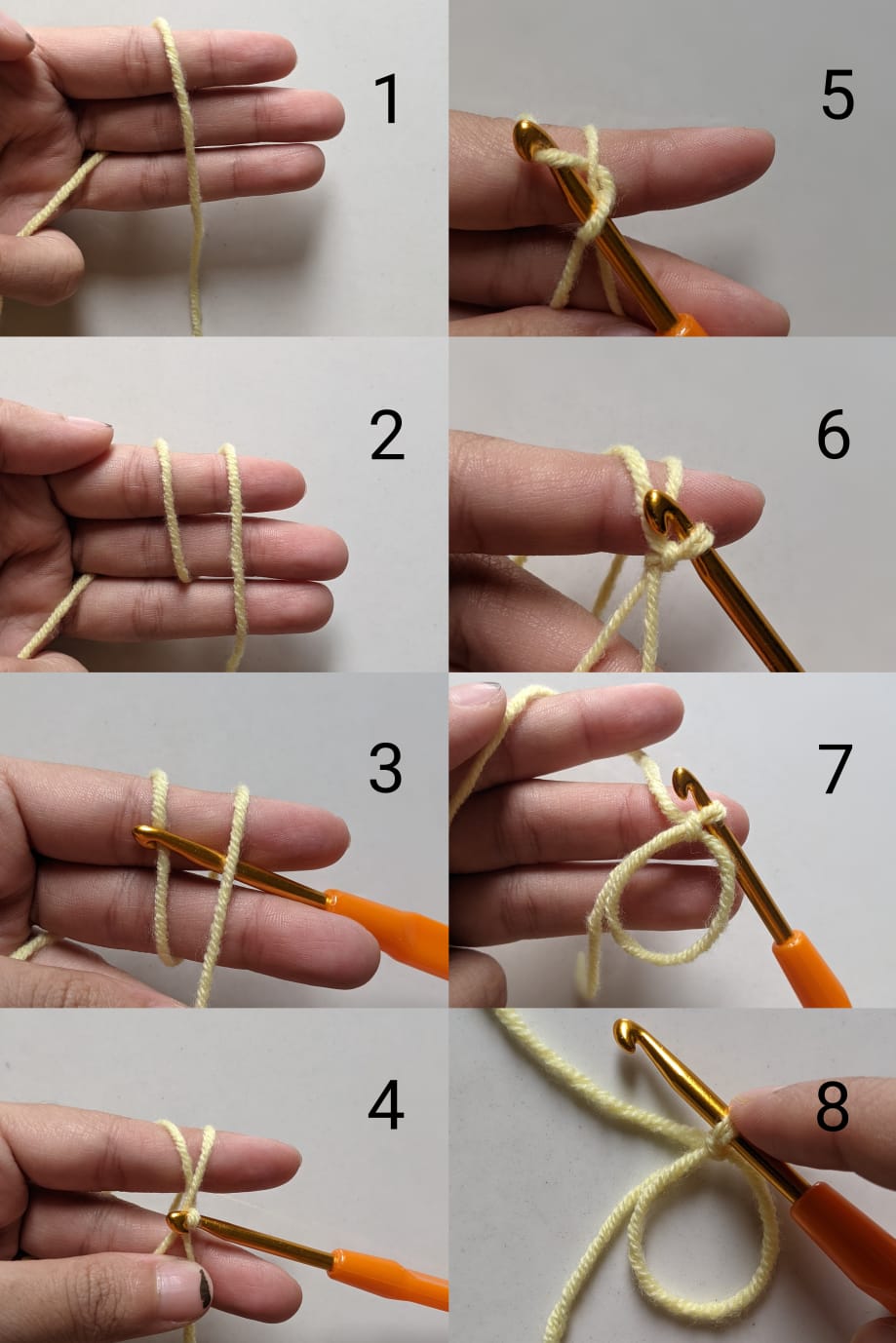 Eight-panel step-by-step photo guide showing how to form a crochet magic ring for amigurumi, from yarn drape to hook insertion and locking chain
