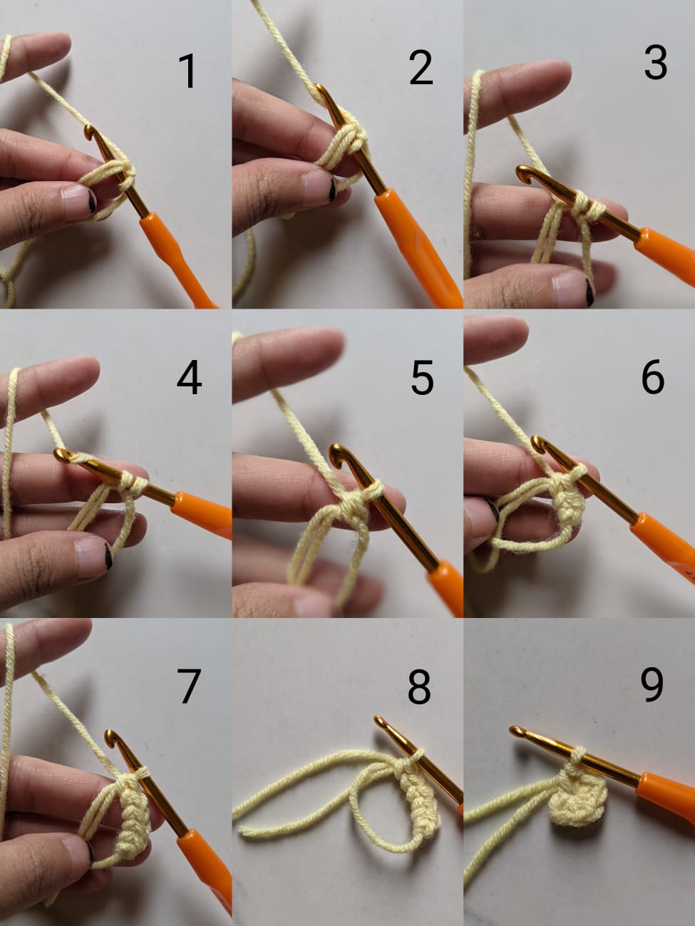 Nine-panel step-by-step photo guide showing how to work single crochets into a crochet magic ring and pull the tail closed for amigurumi
