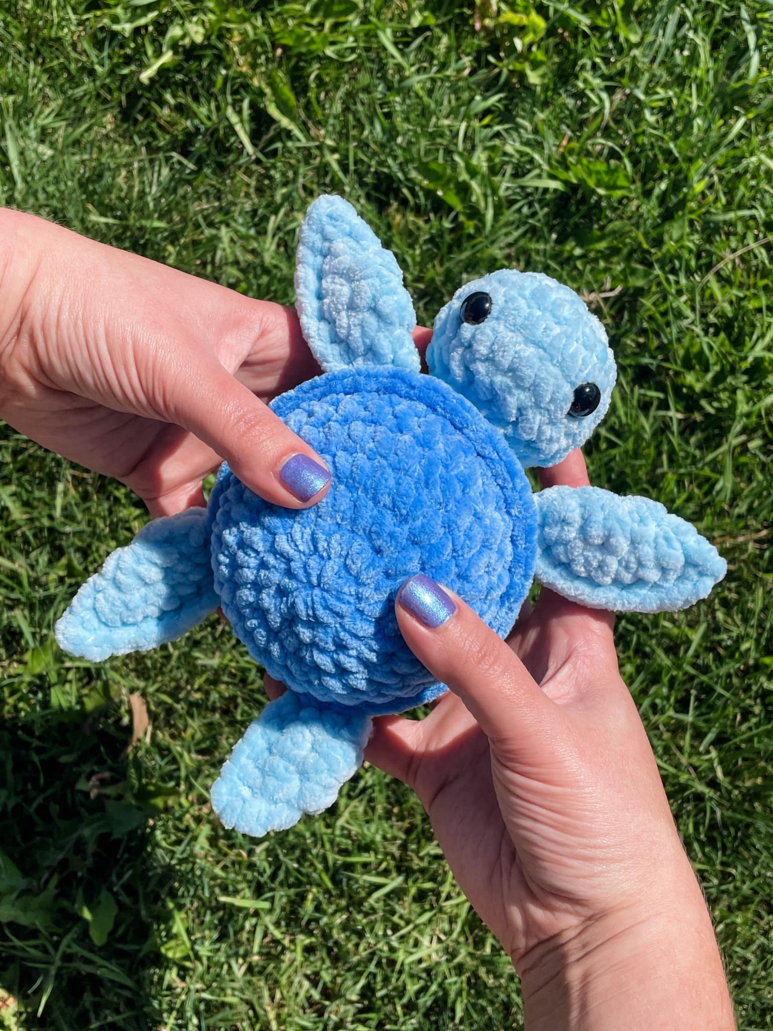 Blue no-sew crochet turtle plush held in hands, an easy beginner crochet turtle pattern