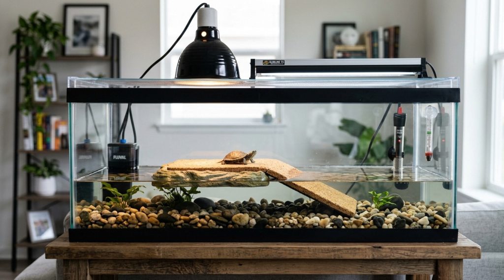 20-gallon long baby turtle tank with shallow water, floating basking platform, and lights