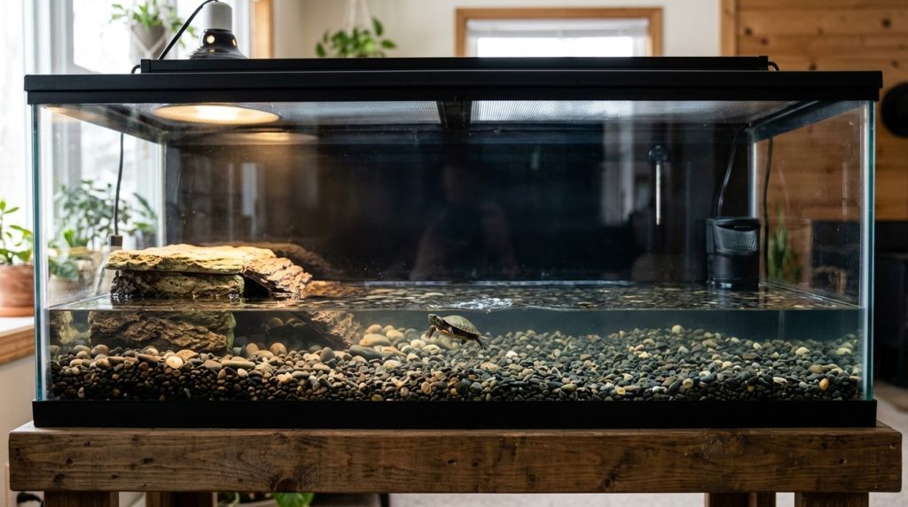 40-gallon breeder tank with a few inches of water set up for a growing baby turtle