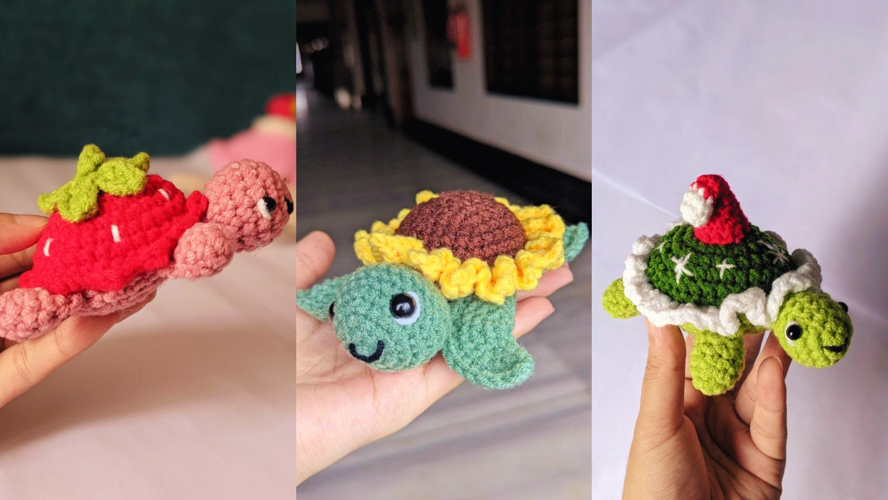 How to crochet an amigurumi turtle, a finished beginner crochet turtle shown with a crochet hook and yarn