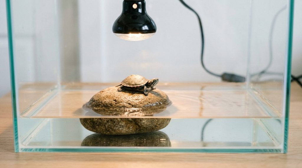 Simple 10-gallon quarantine tank for a baby turtle with a bare bottom and one basking rock