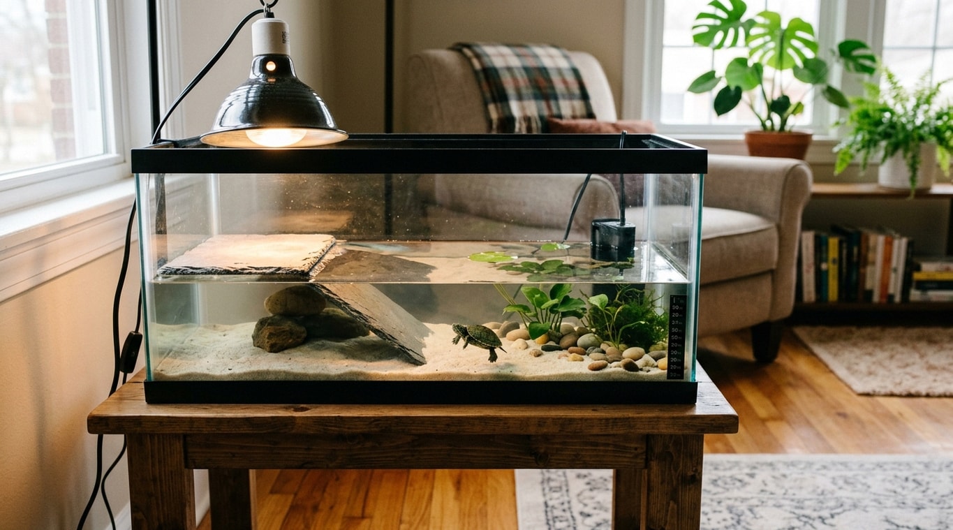Baby turtle tank setup with shallow water, basking platform, and heat lamp in a living room