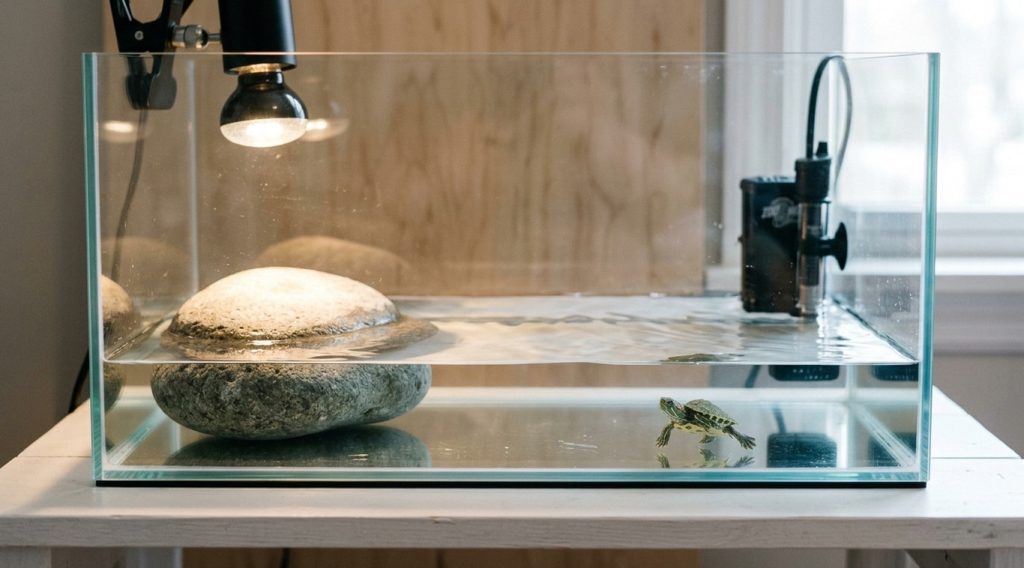Bare-bottom baby turtle tank with a single large smooth basking rock and shallow clear water