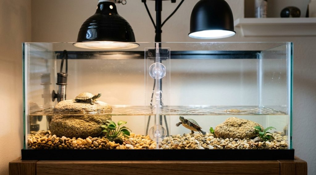 Divided baby turtle tank with a clear divider and two hatchlings in separate territories