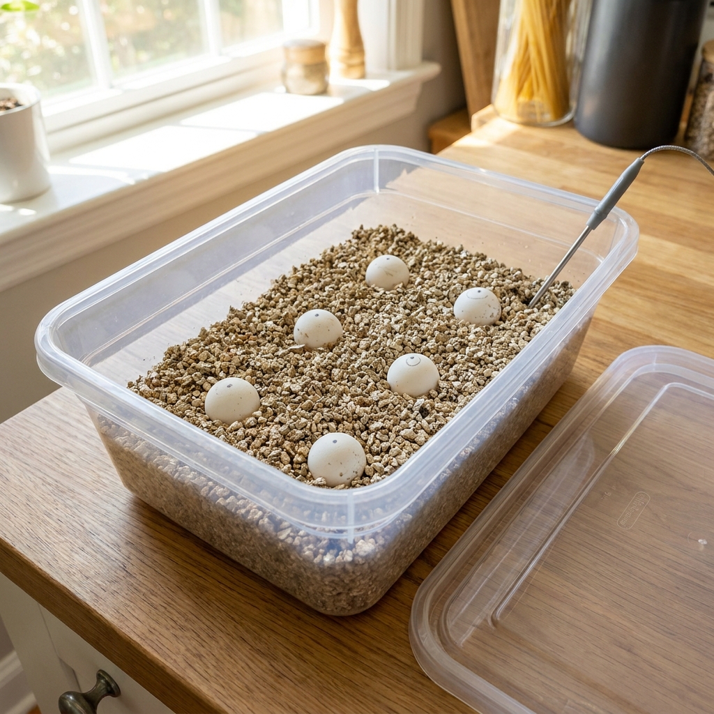 DIY turtle egg incubator made from a clear plastic box filled with damp vermiculite, white turtle eggs half-buried with marked tops and a thermometer probe