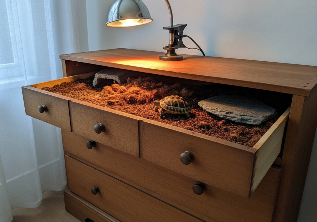 wooden dresser with the top drawers removed converted into an open-top tortoise enclosure with soil substrate and a heat lamp