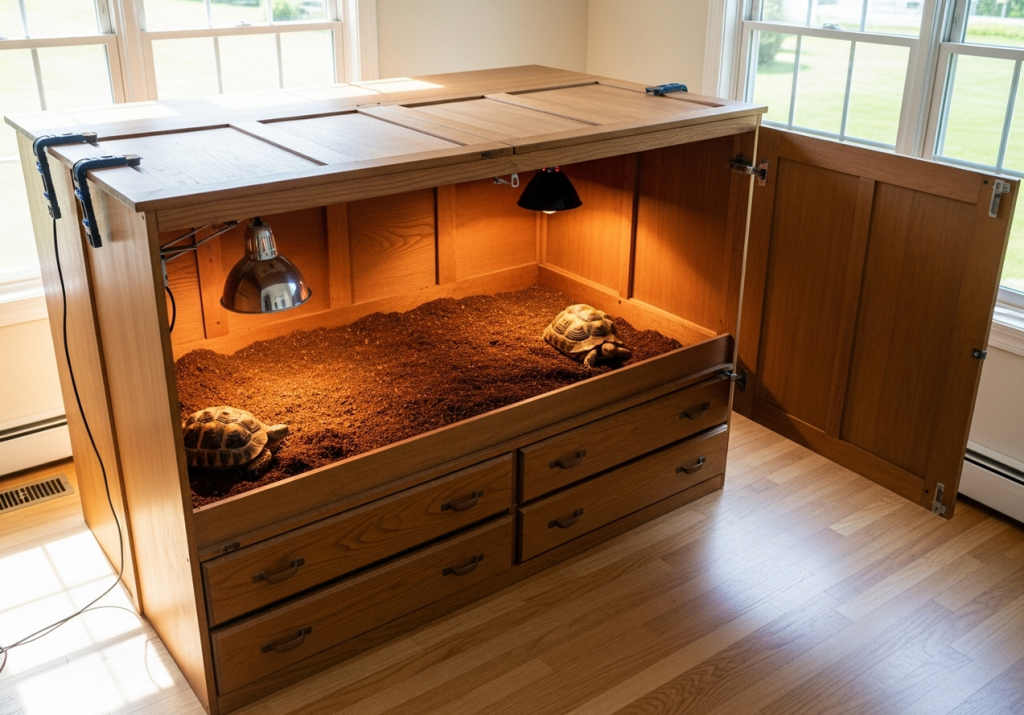 large wooden wardrobe laid flat as a spacious tortoise enclosure with soil substrate and built-in storage drawers