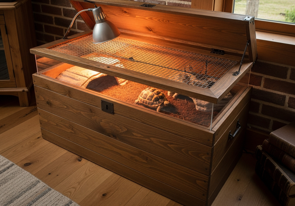 wooden blanket chest converted into a tortoise enclosure with a wire mesh lid and a heat lamp