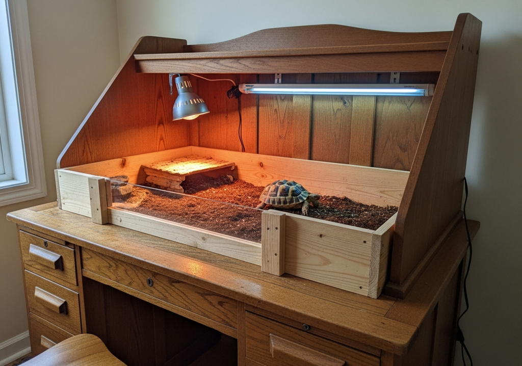 old desk with a hutch converted into a tortoise enclosure with a heat lamp and UVB tube mounted underneath the shelf