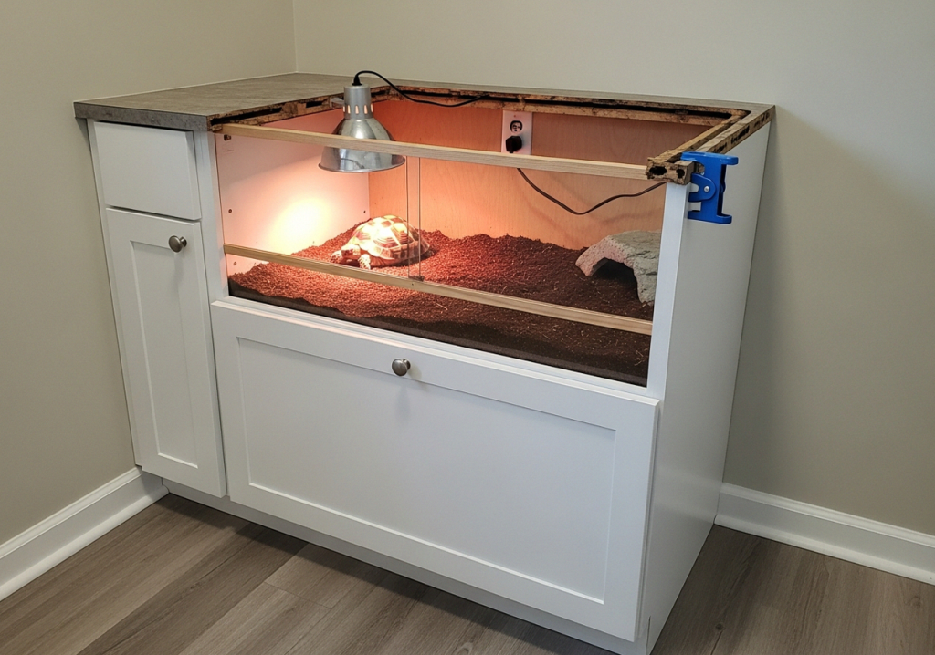 white kitchen base cabinet converted into a durable tortoise enclosure with soil substrate and lower storage