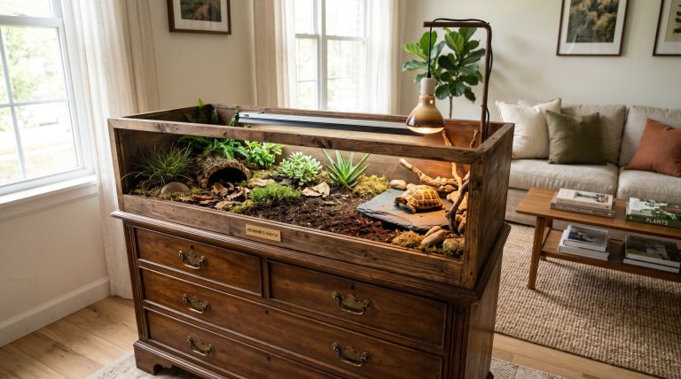 old wooden dresser converted into a planted open-top tortoise enclosure with a tortoise, heat lamp, and lower storage drawers in a stylish living room