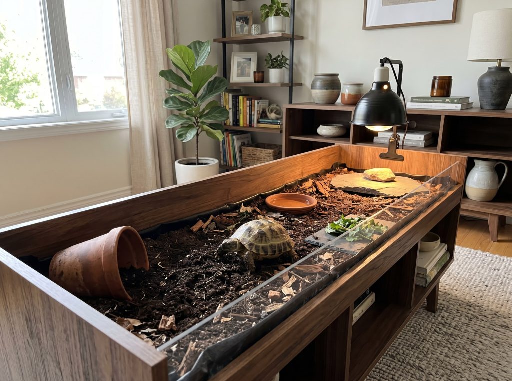 long wooden TV media console converted into an open tortoise table with soil substrate, a clay hide, and a heat lamp