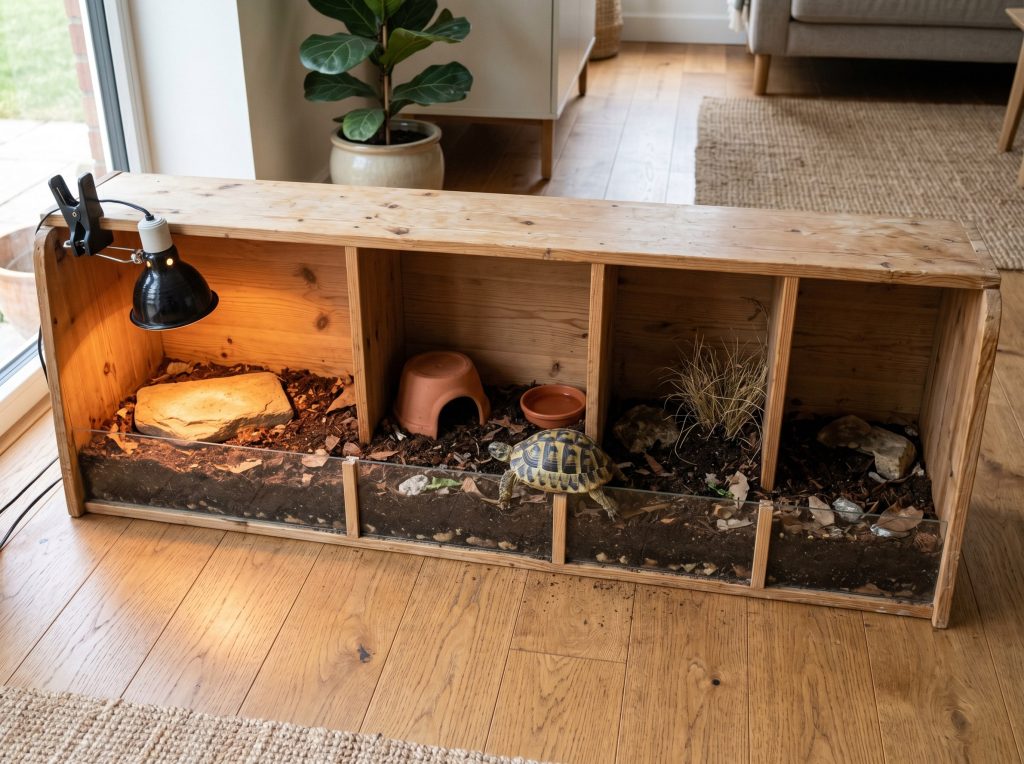 tall bookshelf laid flat as a tortoise enclosure with substrate-filled compartments, a hide, and a basking lamp