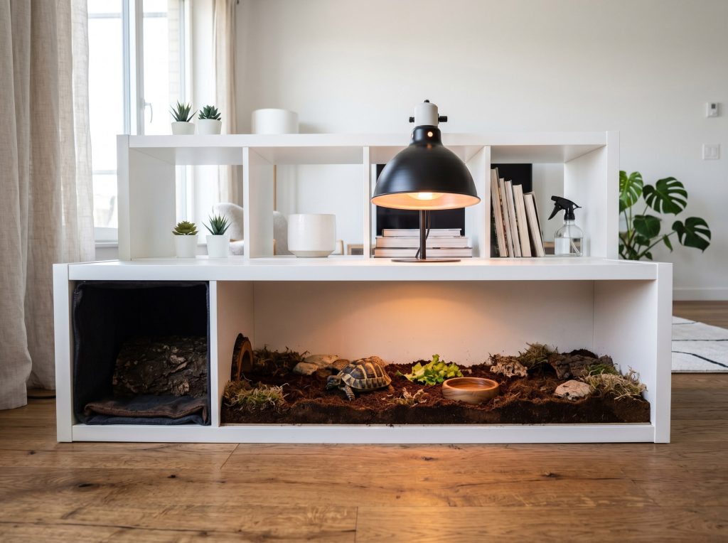white IKEA Kallax cube shelf converted into a modern tortoise enclosure with substrate and a heat lamp