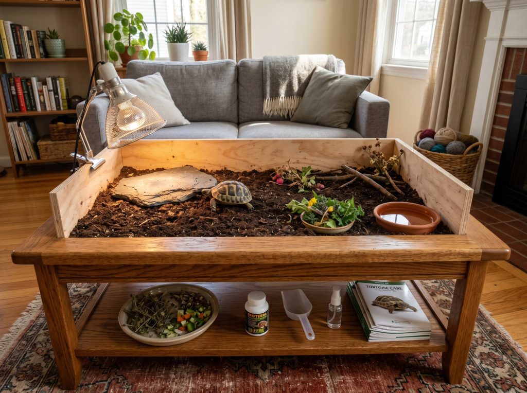 wooden coffee table converted into an open tortoise table with built-up walls, soil substrate, and a tortoise