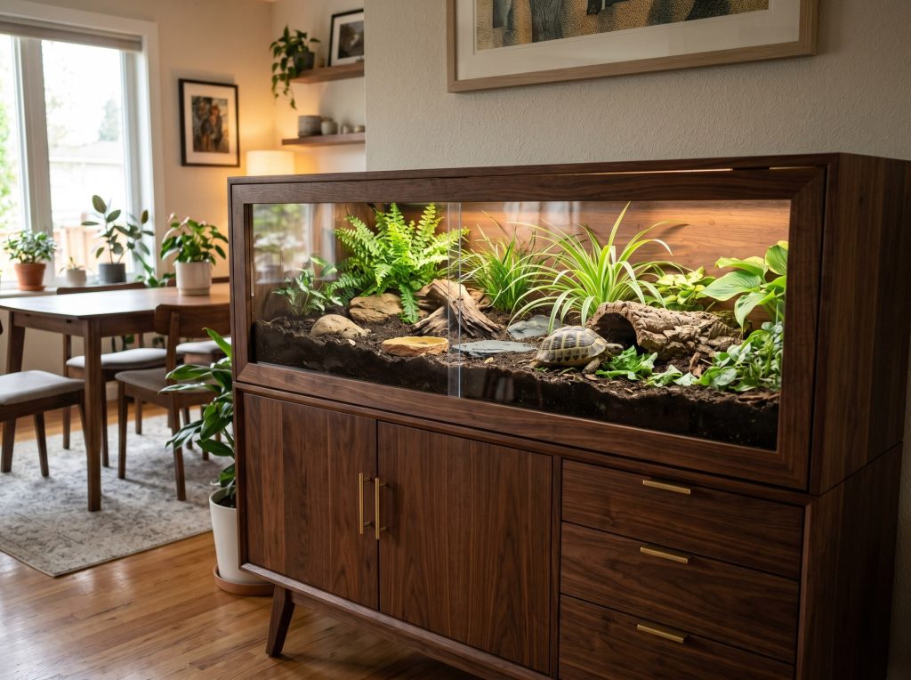 wooden sideboard credenza converted into a planted furniture-grade tortoise enclosure with a glass front panel