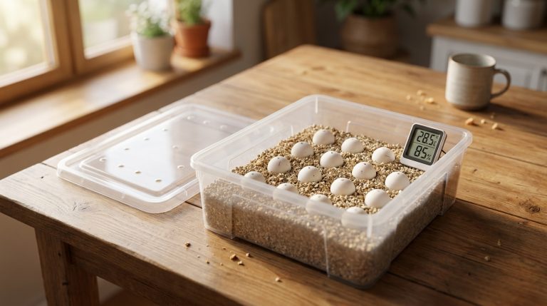 DIY turtle egg incubation setup on a wooden table: clear plastic box of vermiculite with rows of white turtle eggs, vented lid, and a thermometer reading 28.5C and 85% humidity