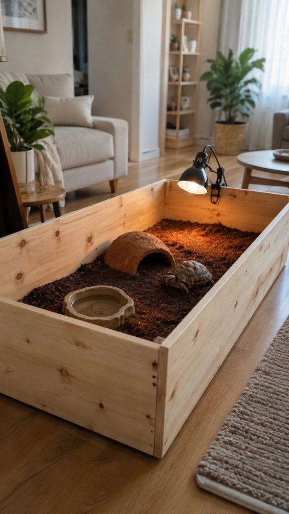 unfinished blond pine IKEA Ivar cabinet laid flat and converted into an open-top tortoise enclosure with soil substrate, a clay hide, and a basking lamp