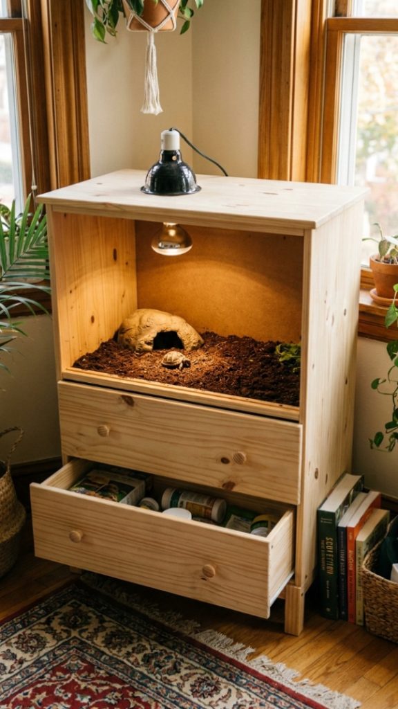 small IKEA Rast pine dresser with the top drawers removed, converted into a raised tortoise enclosure with soil substrate, a hatchling tortoise, and a heat lamp