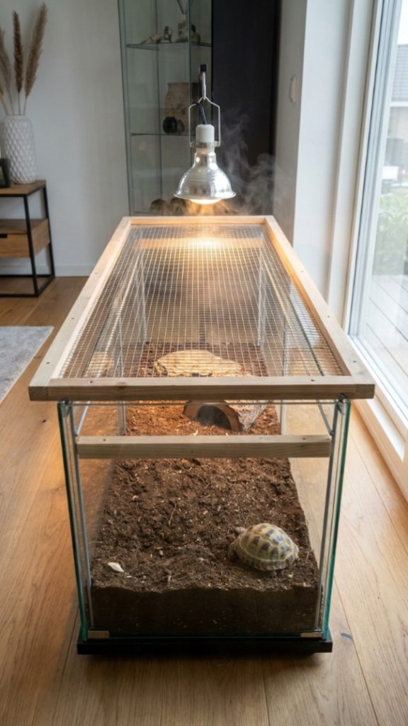 IKEA Detolf glass cabinet laid on its back as a tortoise grow-out enclosure with a wire mesh top for ventilation, soil substrate, and a basking lamp