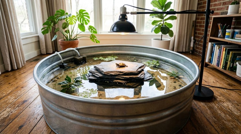 Indoor tub pond for a baby turtle with a slate basking island and lamp on a stand