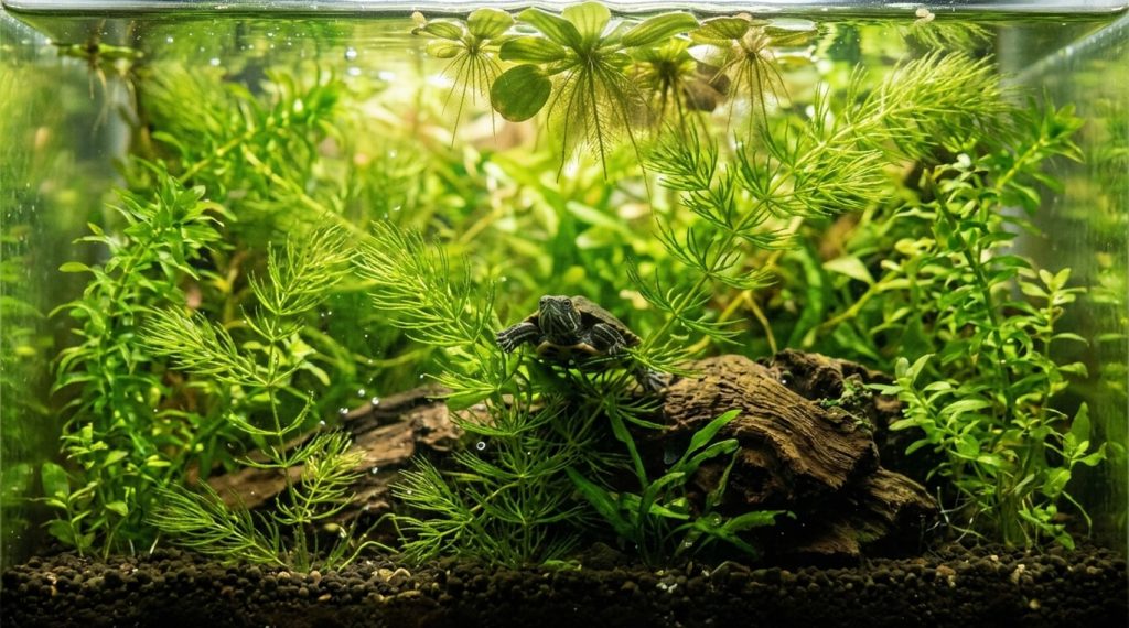 Densely planted baby turtle tank with anacharis, hornwort, and a hatchling hiding among plants