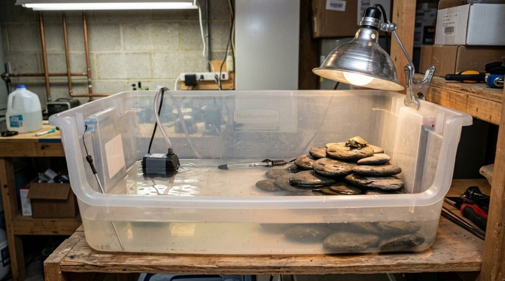 Plastic tub baby turtle nursery with flat river stones and a clamp lamp