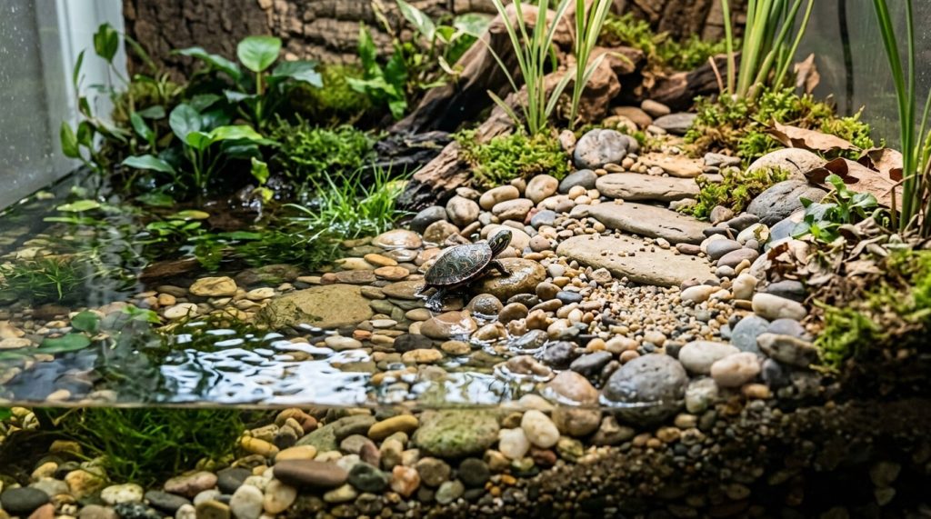 Shoreline beach turtle tank with stones sloping from dry land into shallow water and a hatchling