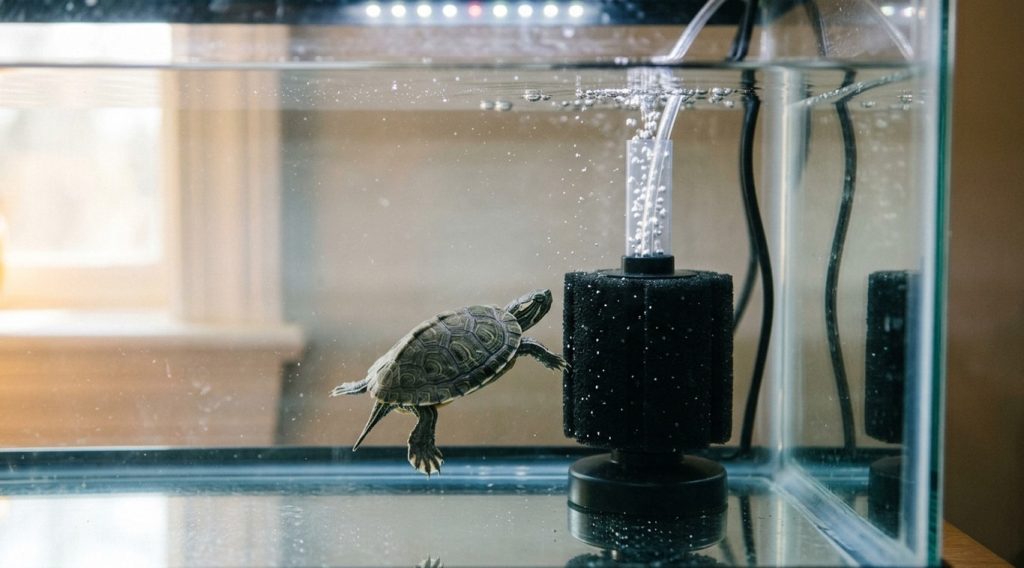 Air-driven sponge filter bubbling gently next to a baby turtle in shallow clear water