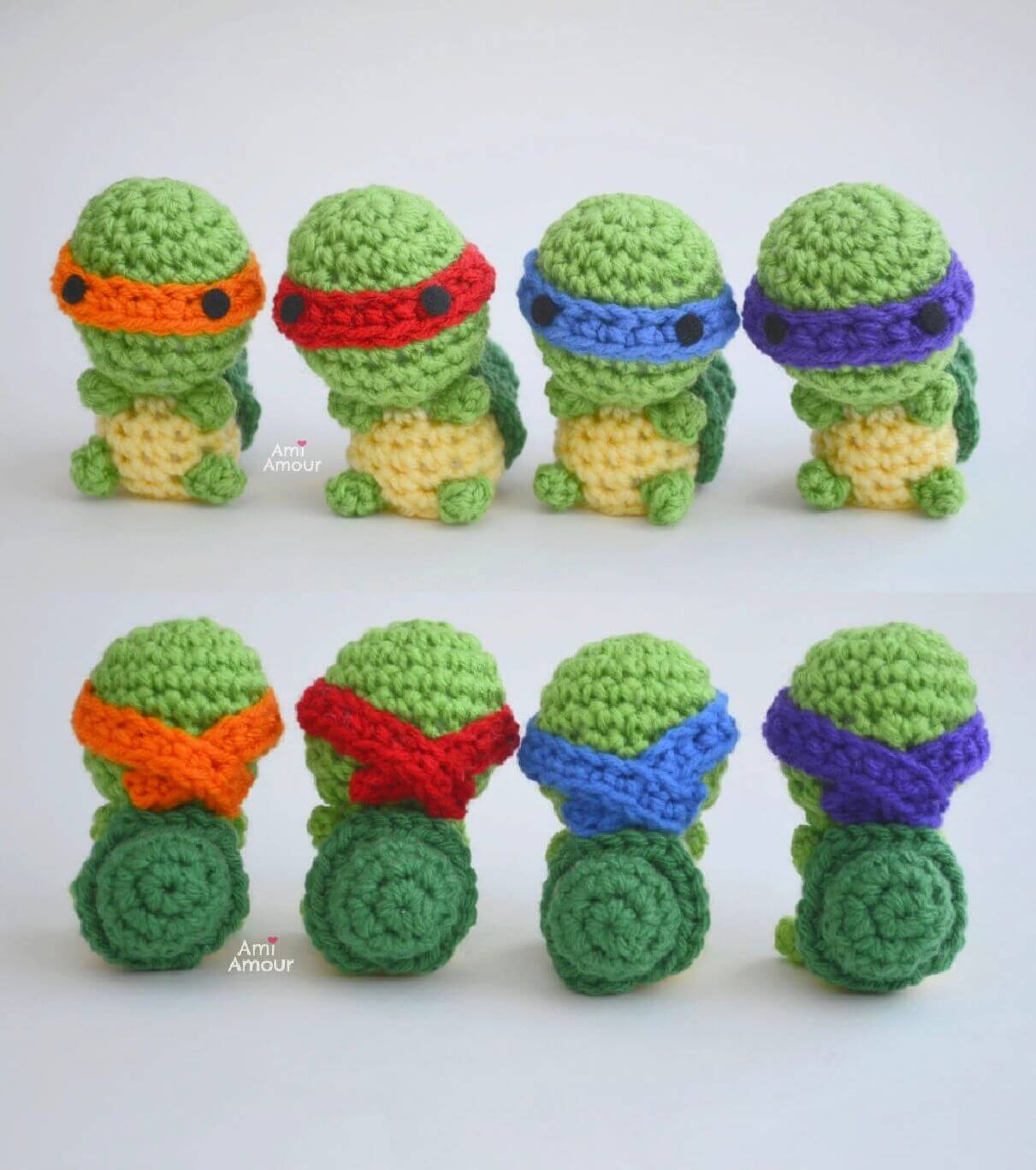 Four crochet ninja turtle amigurumi with red blue purple and orange bandana masks