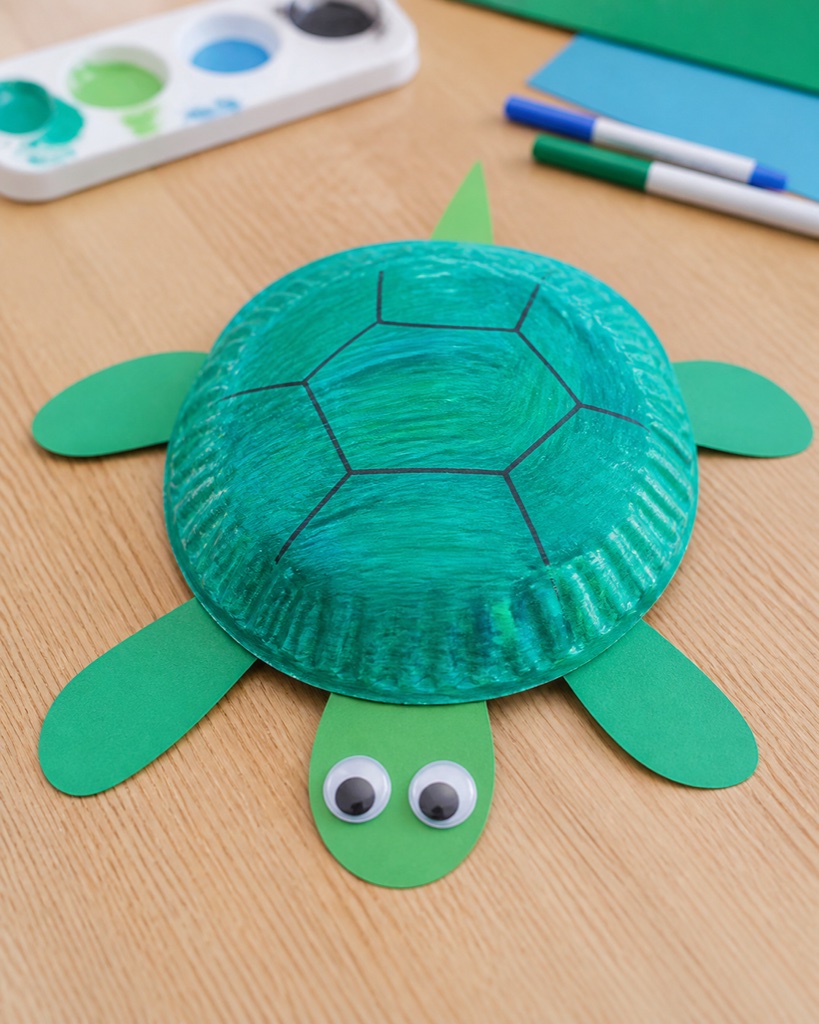 Green paper plate sea turtle craft with construction paper flippers and googly eyes
