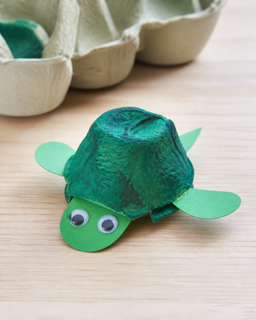 Sea turtle craft made from a green painted egg carton cup with paper flippers