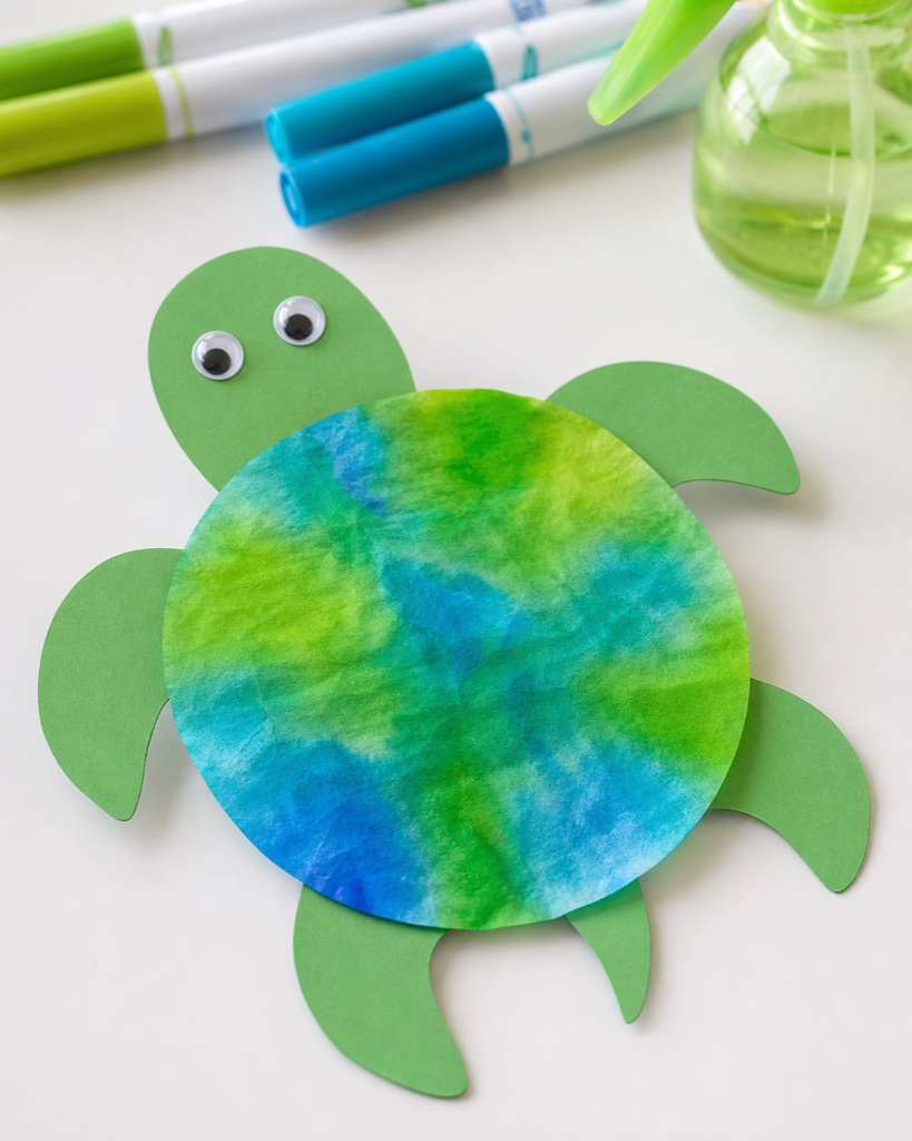 Coffee filter sea turtle craft with a colorful tie-dye blended shell