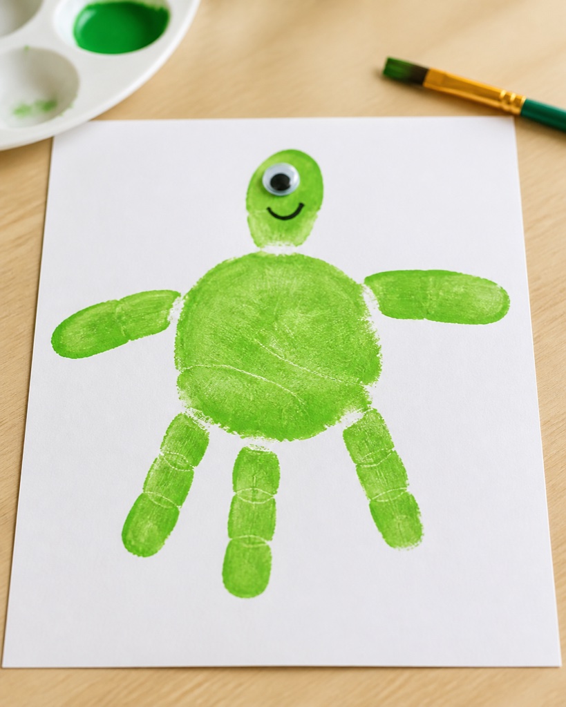 Green handprint sea turtle craft on white paper made from a childs painted hand
