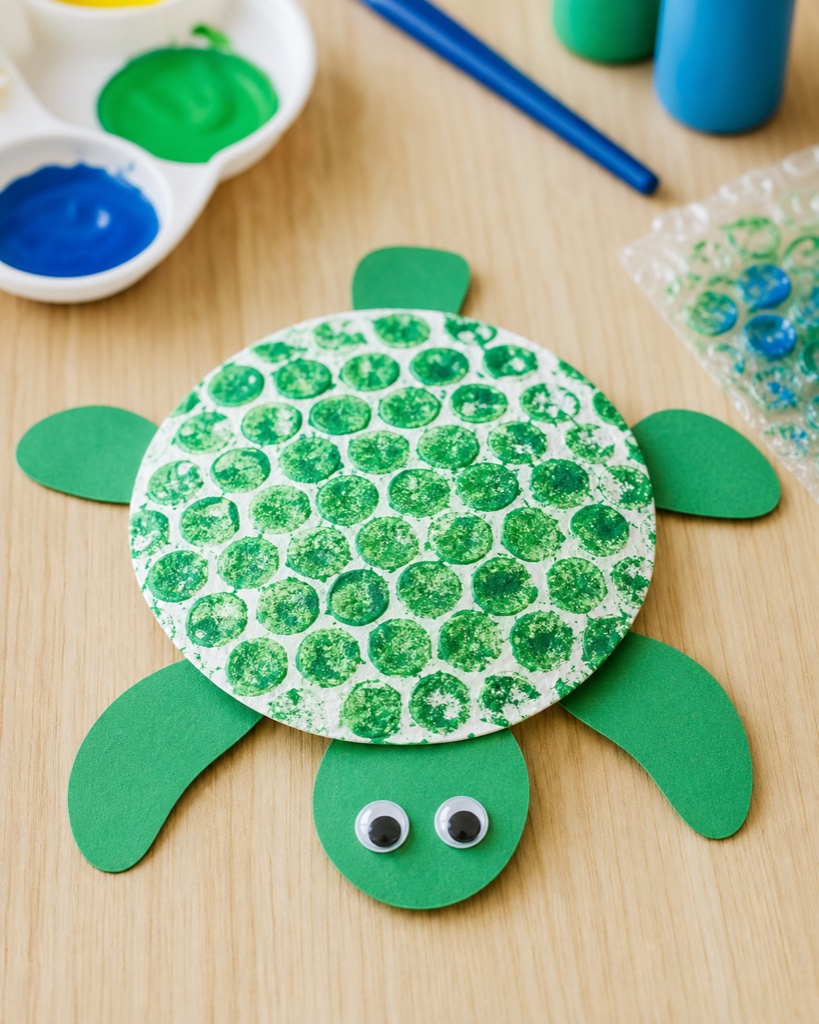 Sea turtle craft with a bumpy shell made using bubble wrap paint stamping