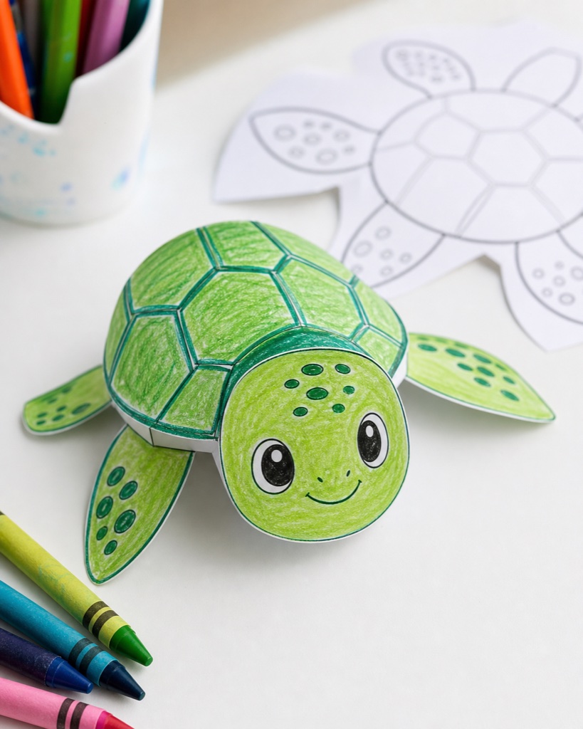 Baby sea turtle craft made from a colored printable paper template
